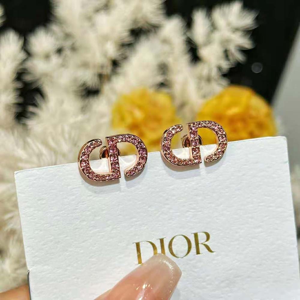 Pair of Dior Women Petit CD Studs Earrings highlighting pink crystal details