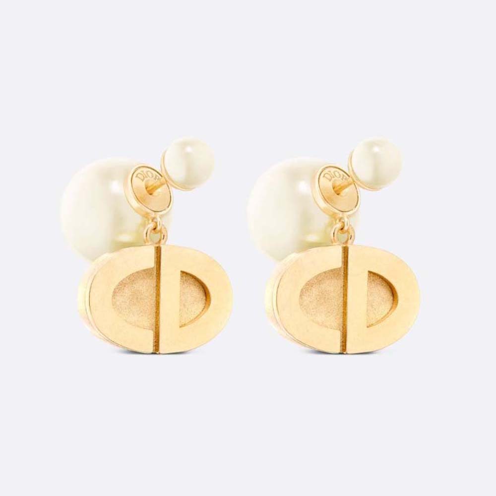 Front view close-up of Dior Women Tribales Earrings Gold-Finish Metal and White Resin Pearls
