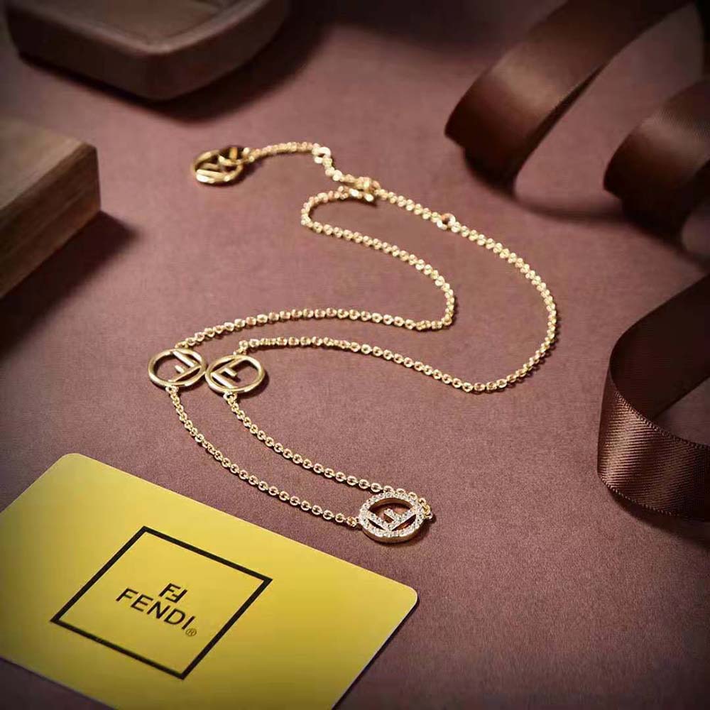 Side angle showing delicate chain and ‘F Is Fendi’ charm on necklace