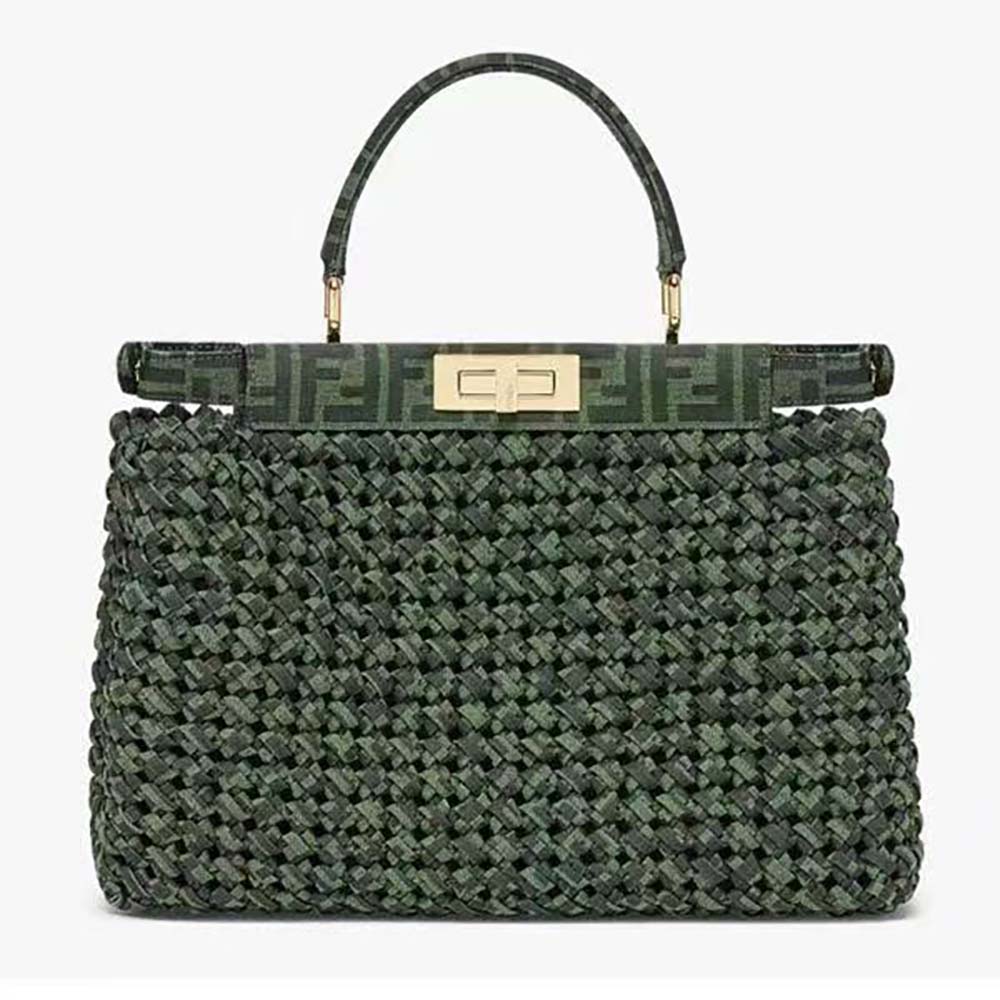 Front angle of Fendi Women Peekaboo Iconic Medium Jacquard Fabric Interlace Bag-Dark Green