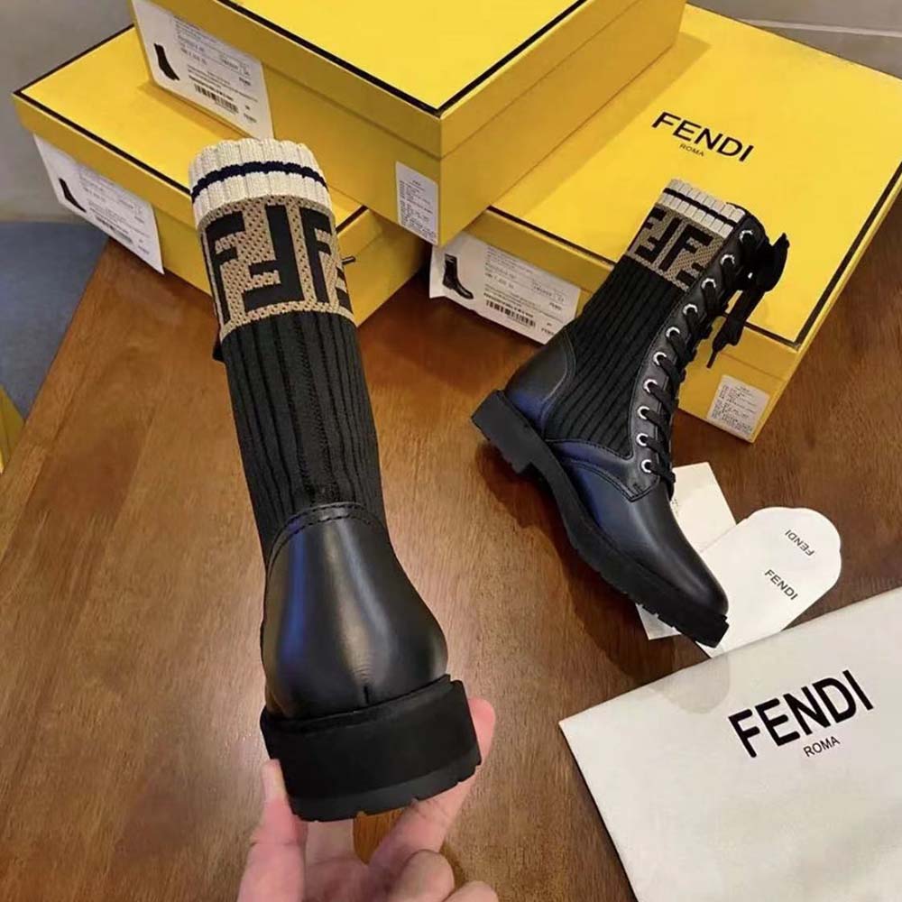 Fendi Women Rockoko Black Leather Biker Boots with Stretch Fabric - image 7