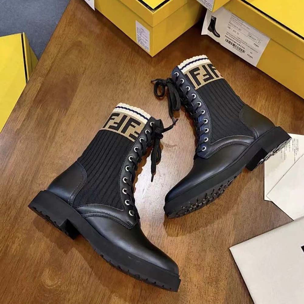 Fendi Women Rockoko Black Leather Biker Boots with Stretch Fabric - image 5
