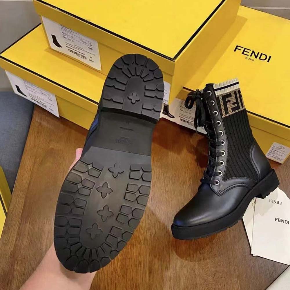 Fendi Women Rockoko Black Leather Biker Boots with Stretch Fabric - image 10