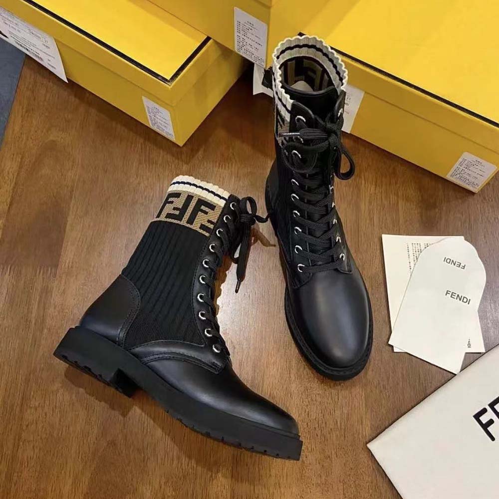 Front angle showing silhouette of Fendi Women Rockoko Black Leather Biker Boots