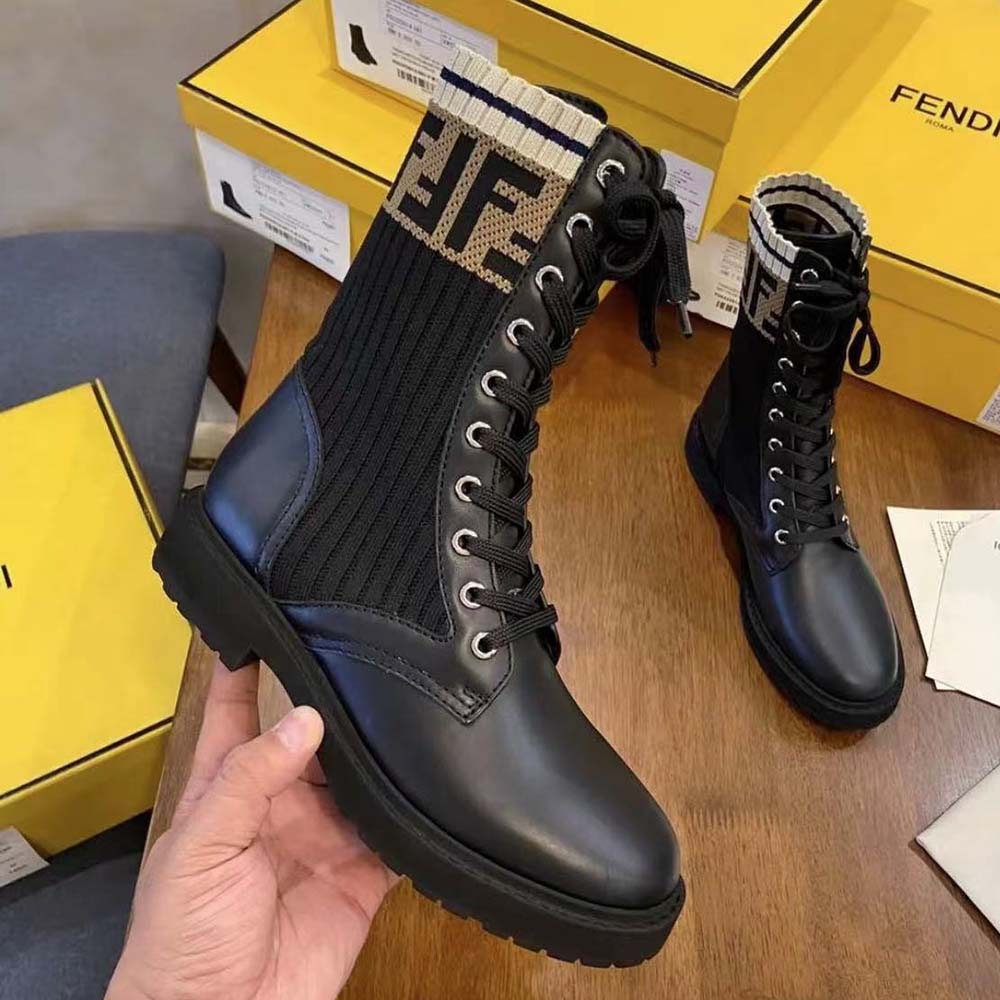 Fendi Women Rockoko Black Leather Biker Boots with Stretch Fabric - image 6