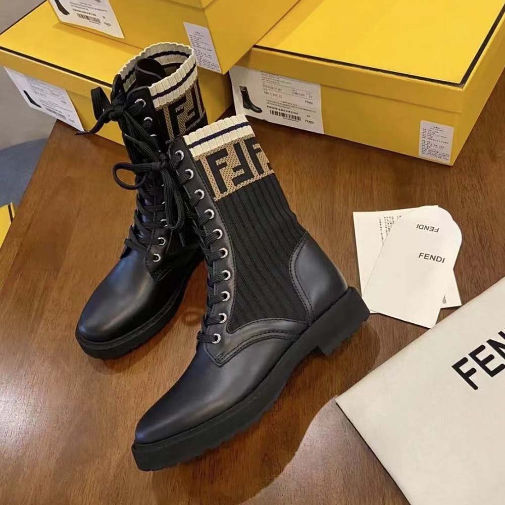 Fendi Women Rockoko Black Leather Biker Boots with Stretch Fabric - image 4