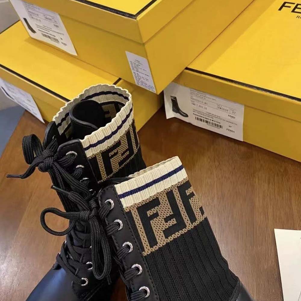 Fendi Women Rockoko Black Leather Biker Boots with Stretch Fabric - image 8