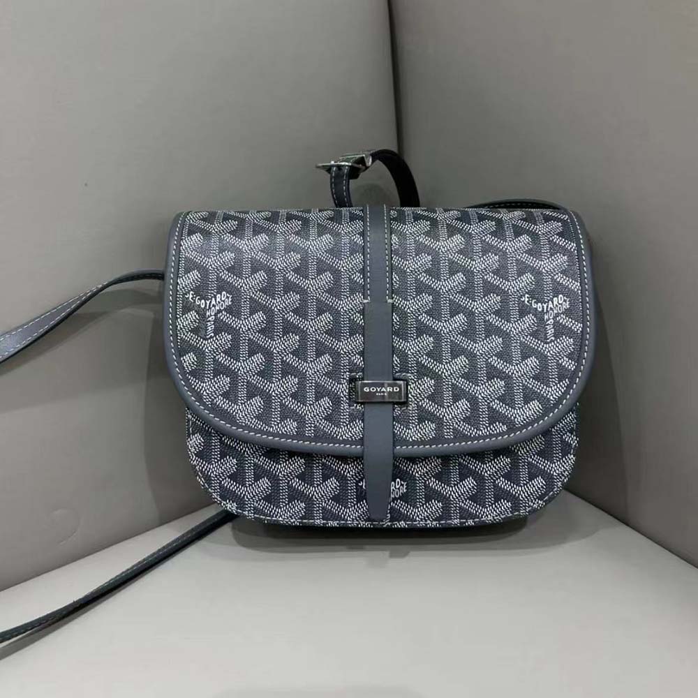 Side profile of Goyard Unisex Belvedere MM Bag-Gray with adjustable strap