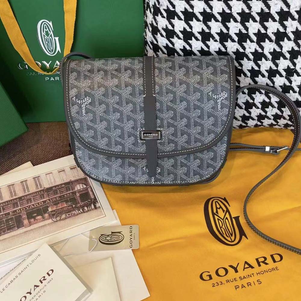 Close-up of coated canvas and brushed metal hardware on Goyard Belvedere MM