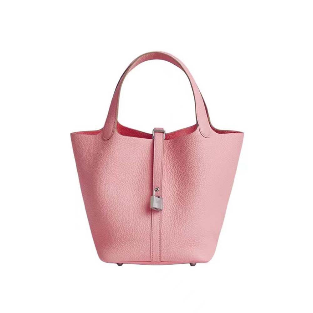Front view of Hermes Women Picotin Lock 22cm in Clémence leather-Pink