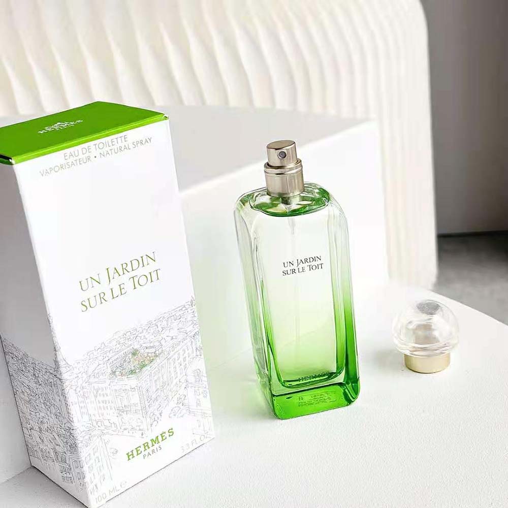 Side angle showing label and signature green tone on Hermes perfume