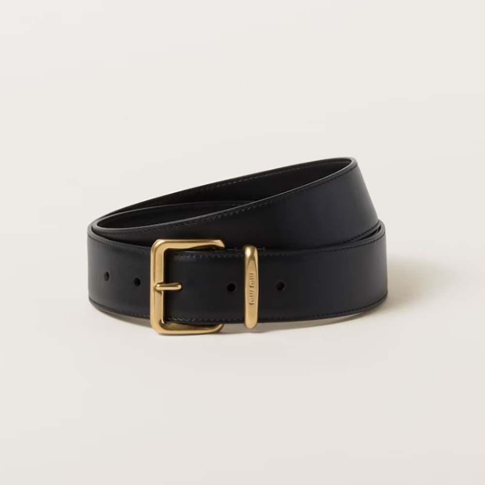 Front view of Miu Miu Women Leather Belt with Laser-engraved Logo in black leather