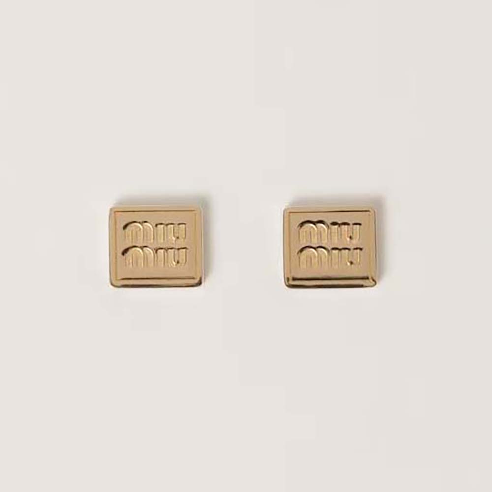Front view of Miu Miu Women Metal Earrings with Engraved Logo in gold