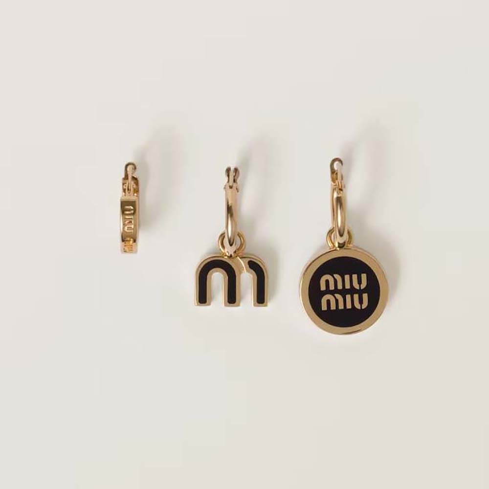 Front view of Miu Miu Women Set of Enameled Metal Earrings in black enamel
