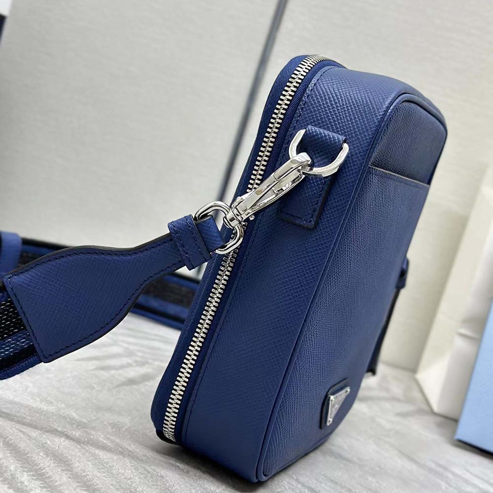 Side angle showing navy leather texture of Prada Men Saffiano Leather Shoulder Bag-Navy