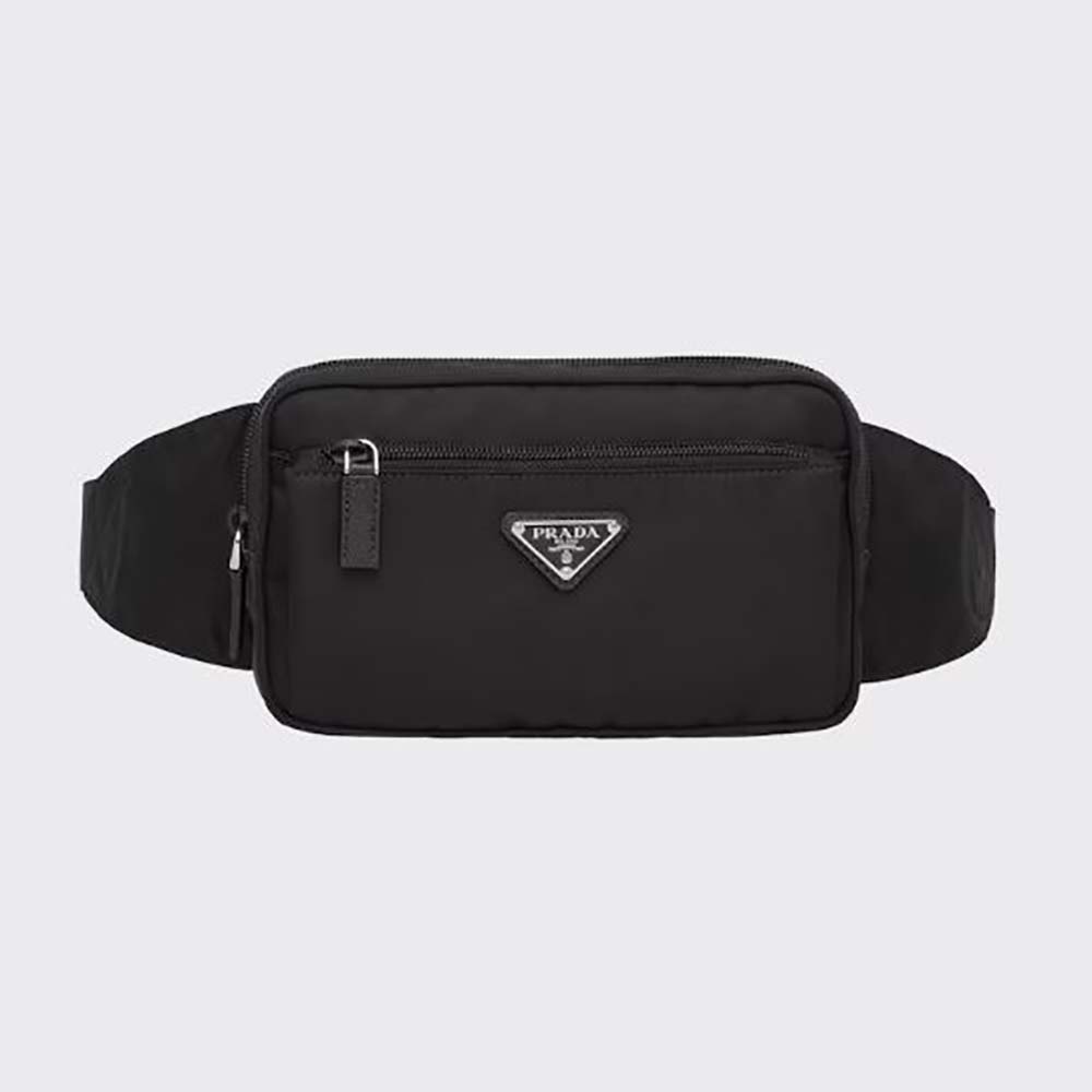 Front view of Prada Unisex Re-Nylon and Saffiano Leather Belt Bag-Black showing logo