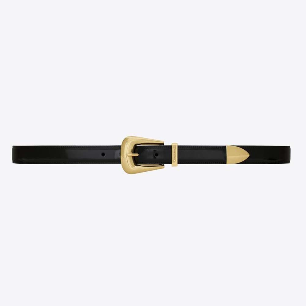 Front view of Saint Laurent YSL Women Folk Buckle Belt in black brushed leather