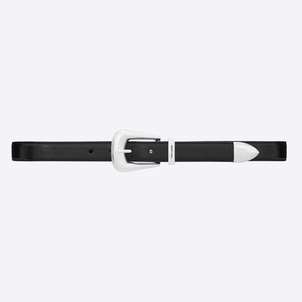 Front view of Saint Laurent YSL Women Folk Buckle Belt in smooth black leather