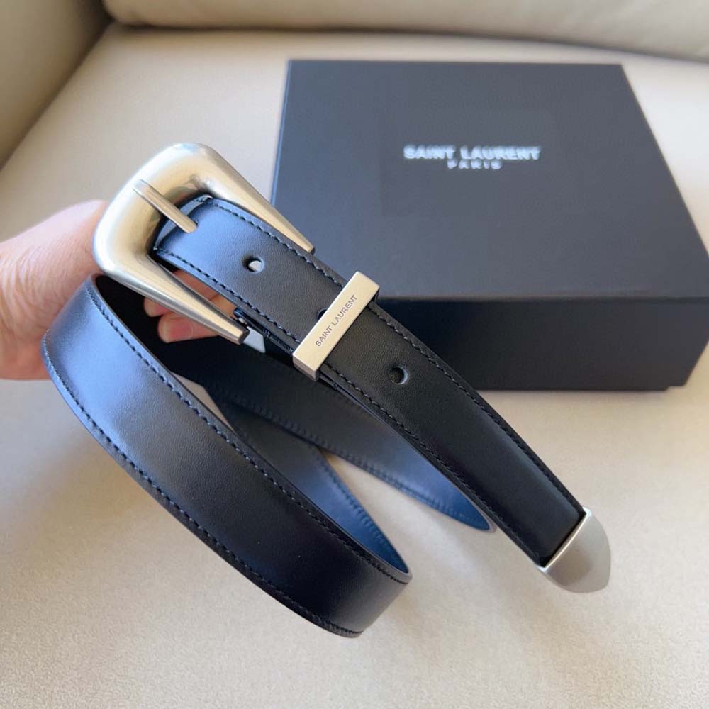 Side angle showing slim silhouette of Saint Laurent YSL Women Folk Buckle Belt