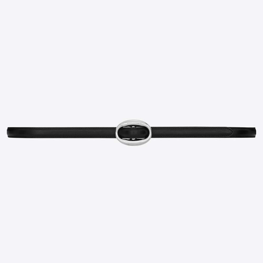 Front view of Saint Laurent YSL Women Oval Buckle Thin Belt in black leather