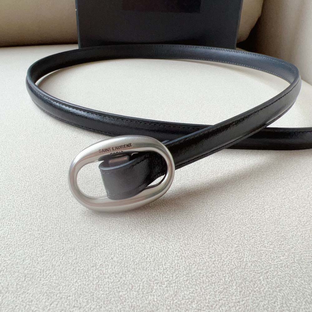 Side angle showing smooth black leather and sleek buckle of Saint Laurent YSL belt
