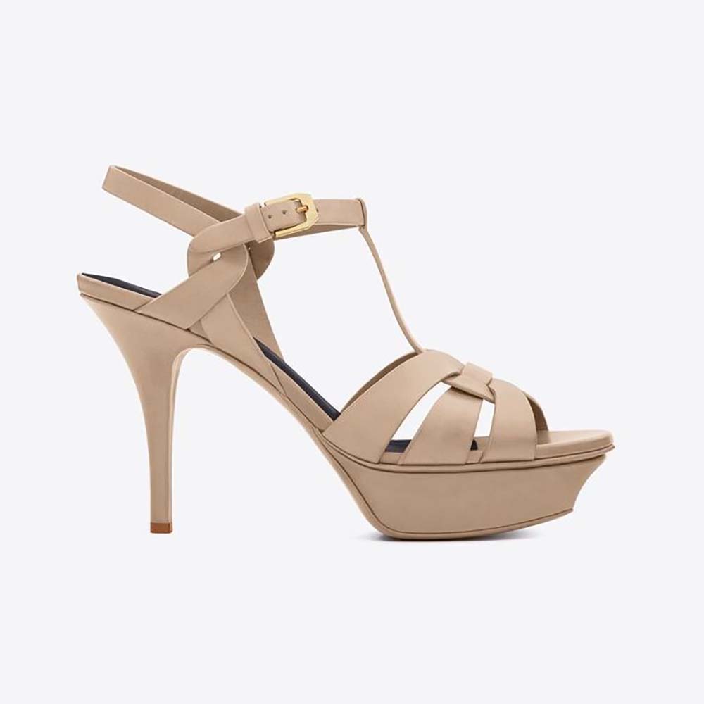 Side view of Saint Laurent YSL Women Tribute Platform Sandals in smooth beige leather
