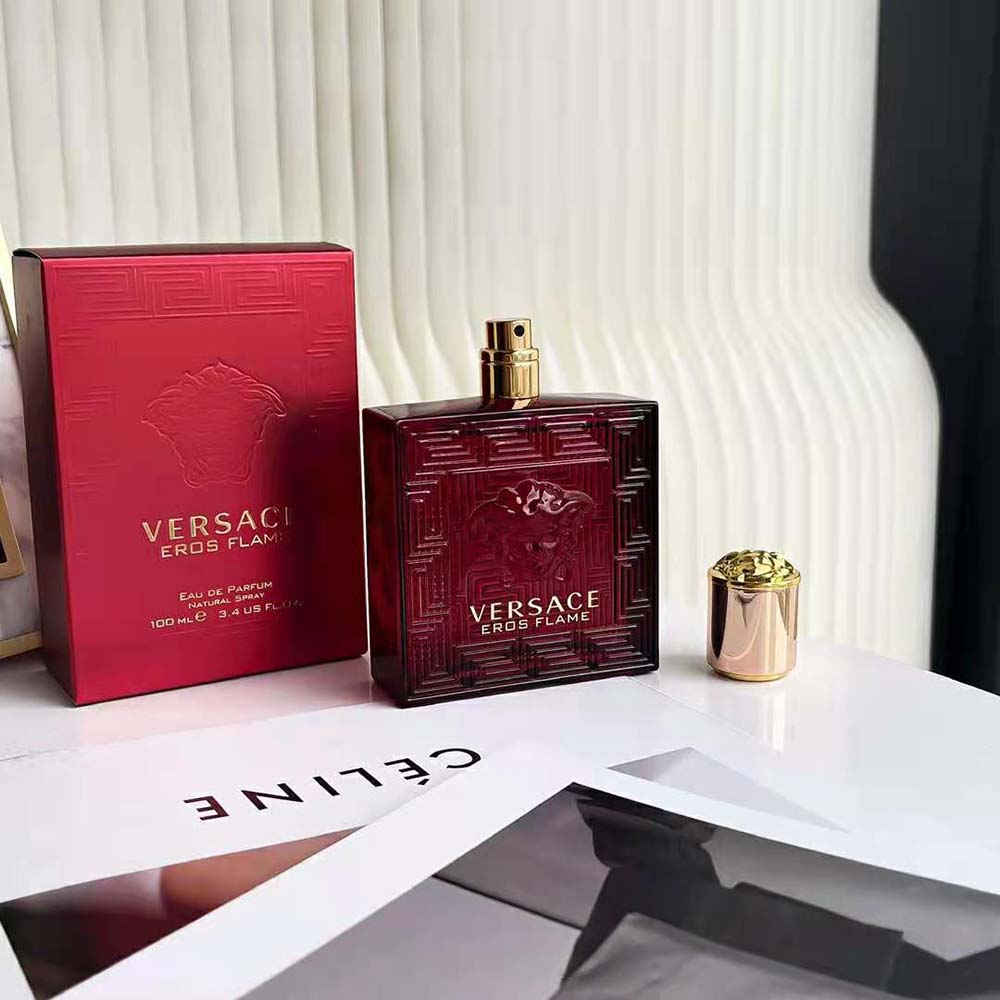 Side angle showing spray nozzle of Versace Men Eros Flame Edp 100 ml