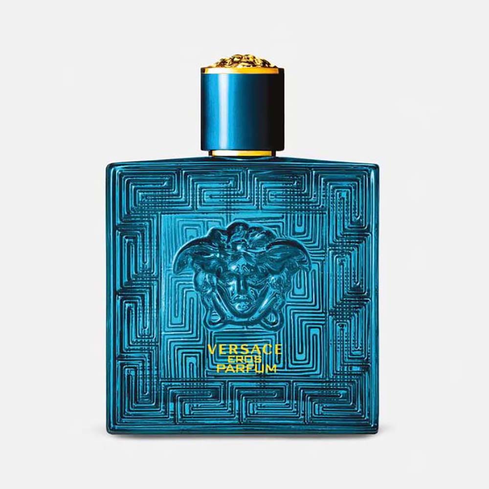 Front view of Versace Men Eros Parfum 100 ml blue bottle