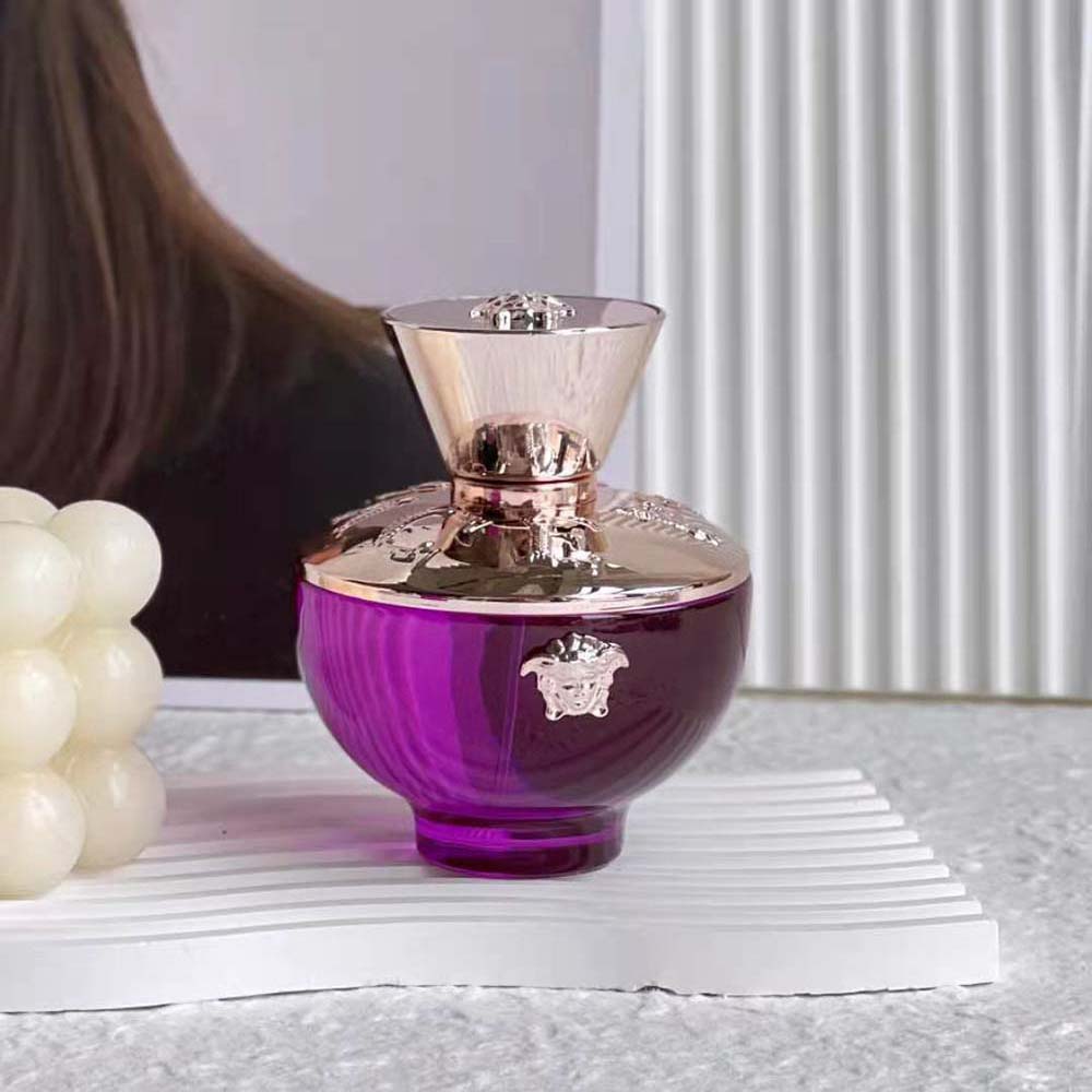 Close-up of deep purple bottle and gold cap, Versace Women Dylan Purple Edp