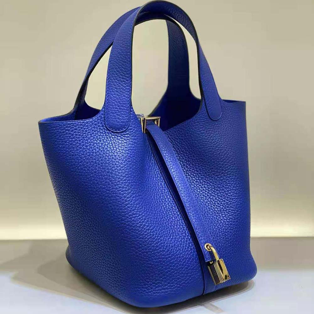 Side angle showing texture of Clémence leather on Hermes Picotin Lock 18cm