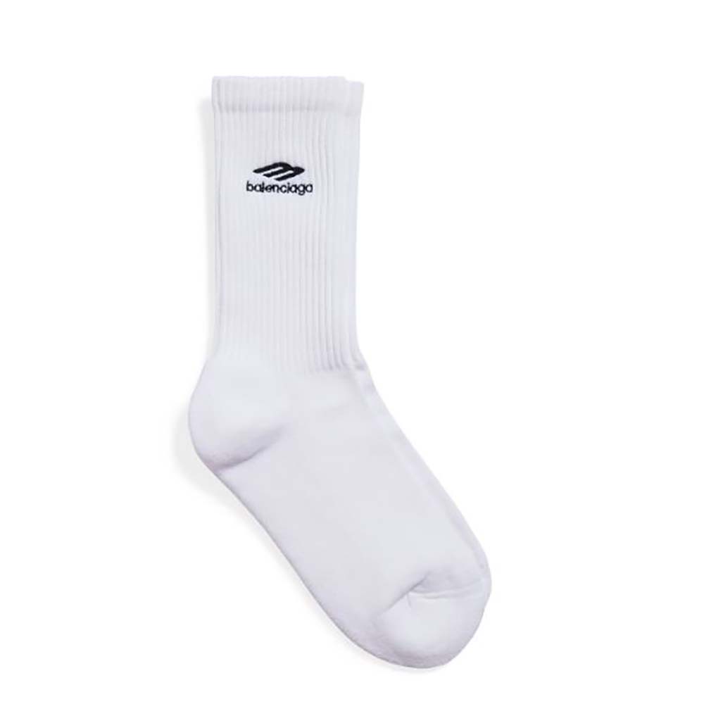 Front angle of Balenciaga Unisex 3B Sports Icon Socks in white cotton