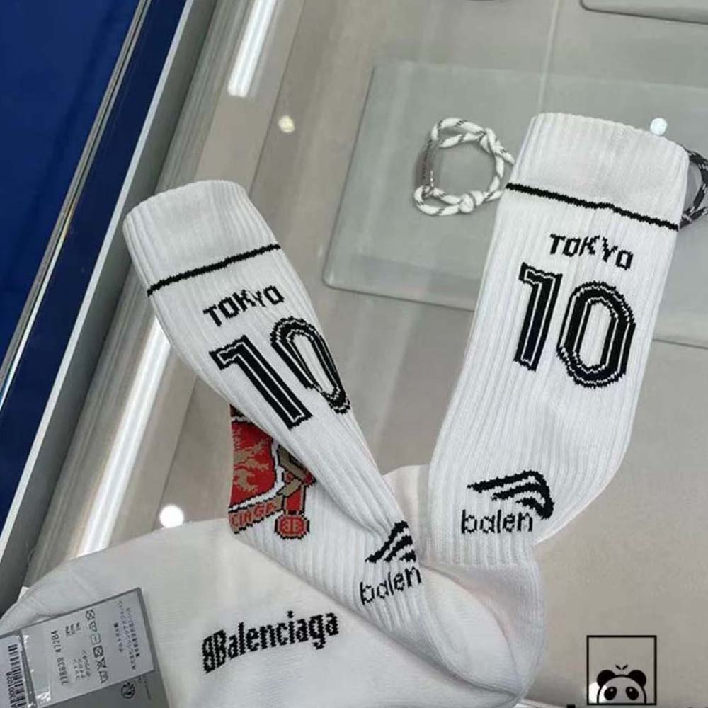 Close-up of embroidered Balenciaga logo on Tokyo Soccer Socks