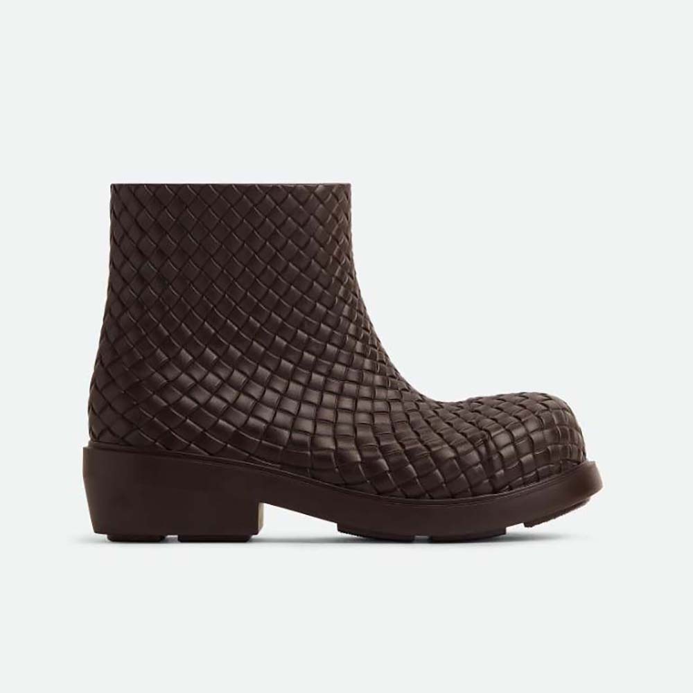 Side profile of Bottega Veneta Unisex Fireman Ankle Boot-Brown showing woven detail