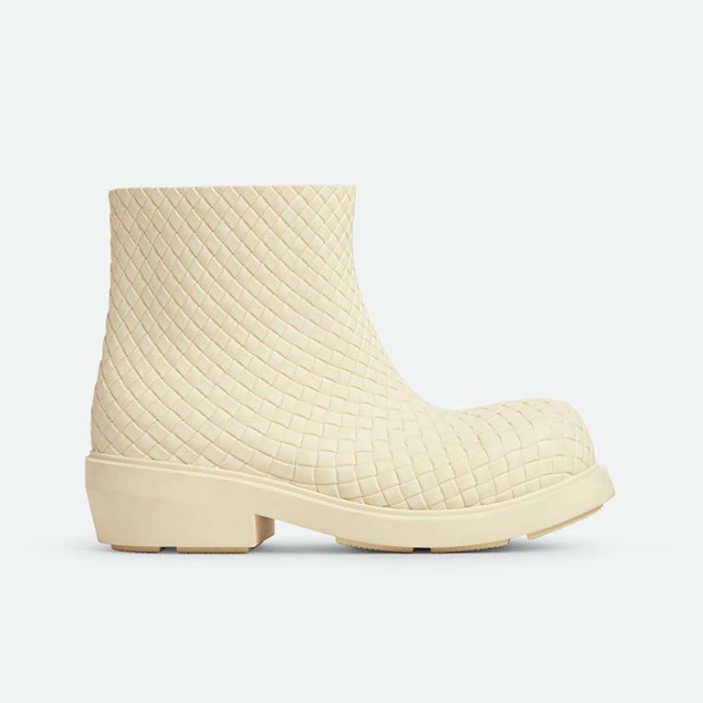 Side profile of Bottega Veneta Unisex Fireman Ankle Boot-White beige leather
