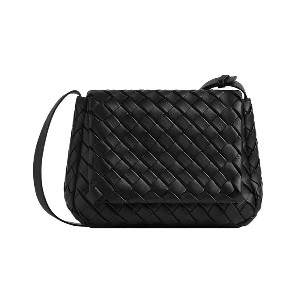 Front view of Bottega Veneta Unisex Small Cobble Messenger in Black leather