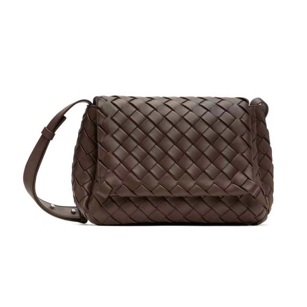 Front view of Bottega Veneta Unisex Small Cobble Messenger in chocolate calfskin