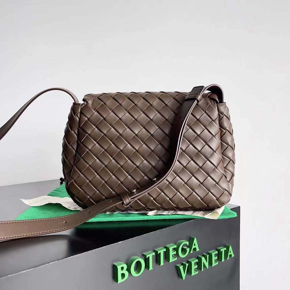 Side angle showing gunmetal hardware on Bottega Veneta Small Cobble Messenger