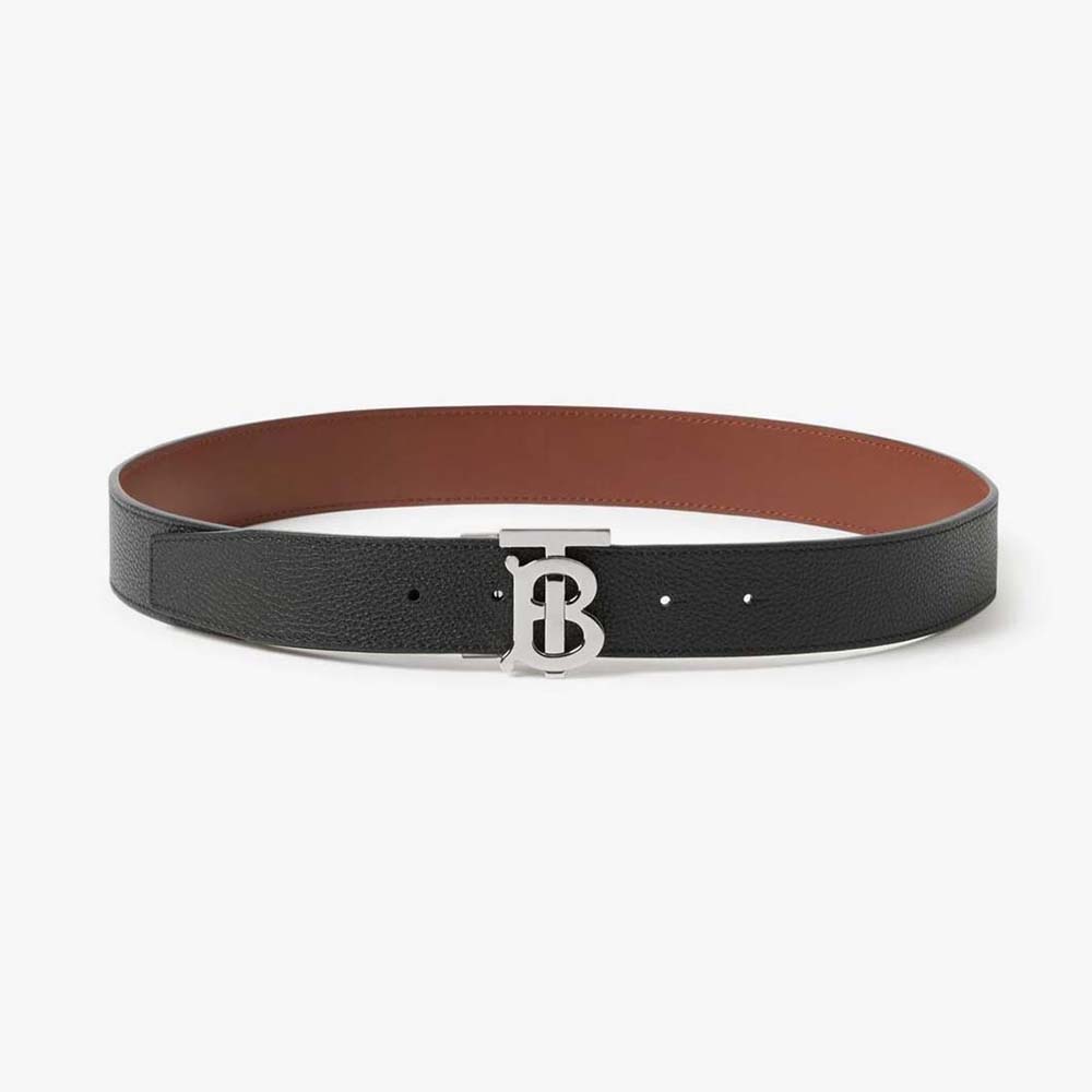 Front view of Burberry Men Reversible Leather TB Belt-Black showcasing buckle