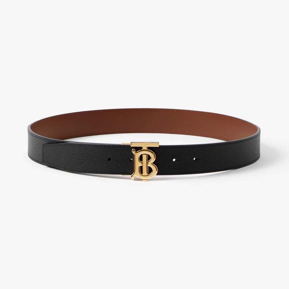 Front view of Burberry Men Reversible Leather TB Belt in black and light gold