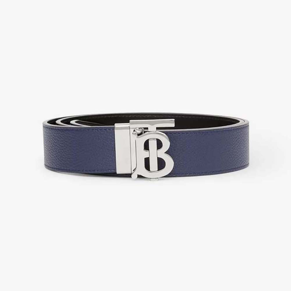 Front view of Burberry Men Reversible Leather TB Belt-Navy with TB buckle