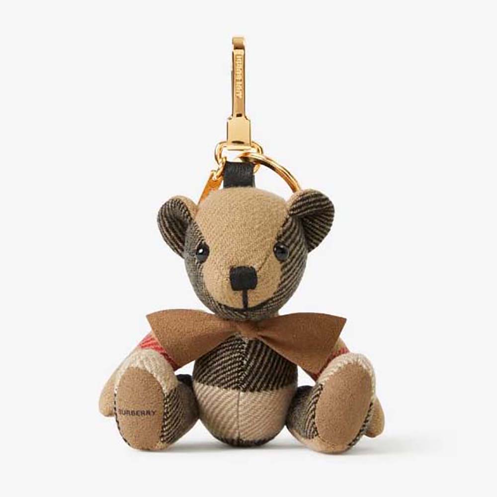 Front view of Burberry Unisex Thomas Bear Charm with Bow Tie in brown leather