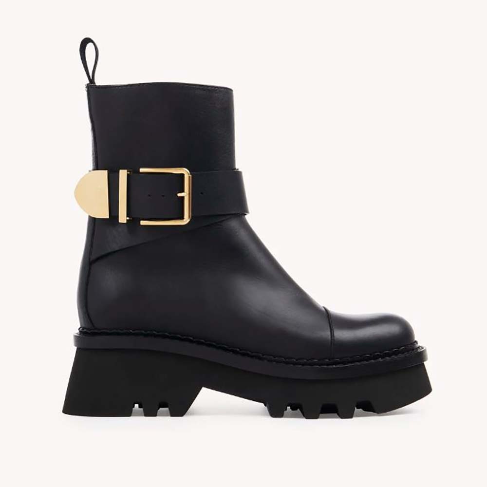 Side profile of Chloe Women Owena Ankle Boots-Black showing stacked heel