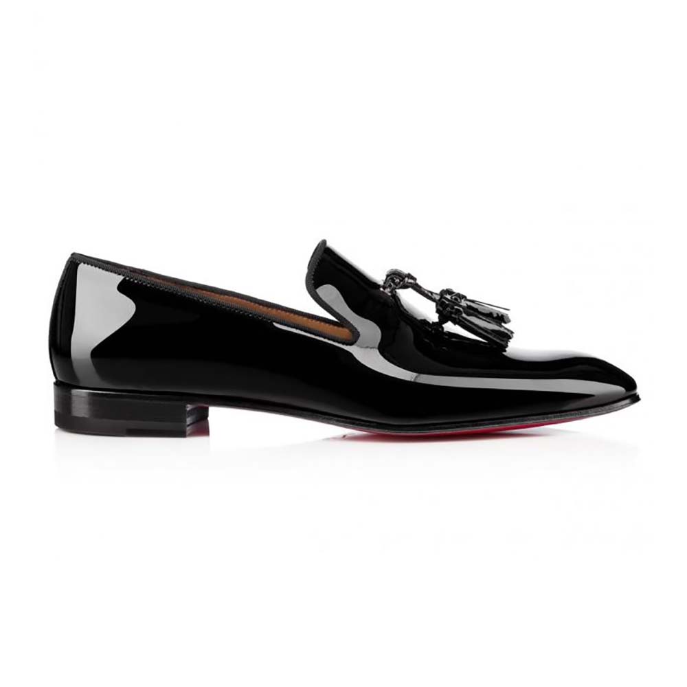 Side view of Christian Louboutin Men Dandelion Tassel Loafers Patent Calf Leather-Black