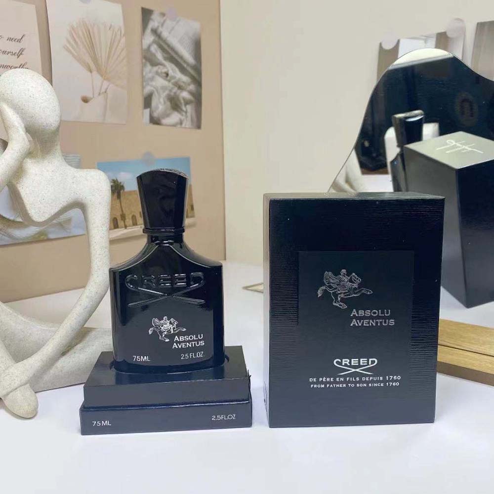 Close-up on black bottle and silver cap of Creed Fragrance Men Absolu Aventus