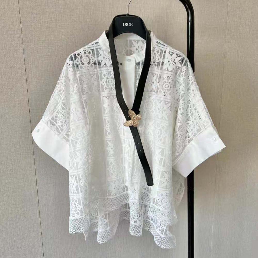Close-up of button closure on Dior Women Blouse Ecru Technical Cotton Lace