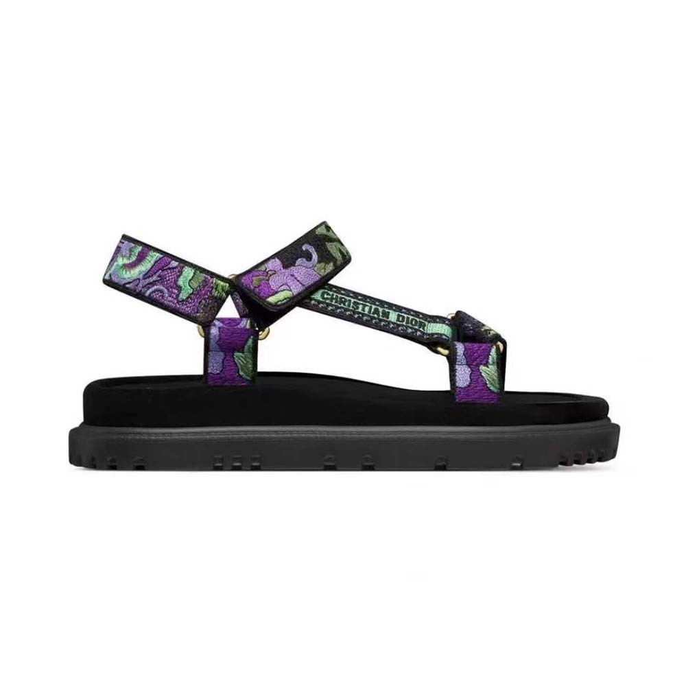 Side view of Dior Women D-Wave Sandal Black Multicolor Embroidered Cotton