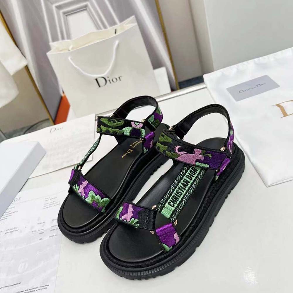 Top angle showing adjustable buckle on Dior Women D-Wave Sandal Black