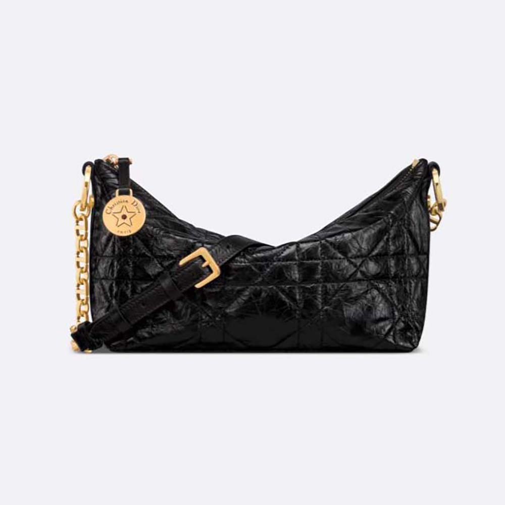 Front view of Dior Women Diorstar Hobo Bag with Chain Black Macrocannage