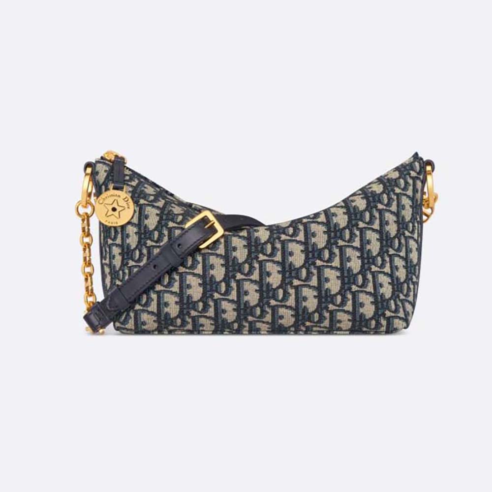 Front view of Dior Women Diorstar Hobo Bag with Chain in blue jacquard