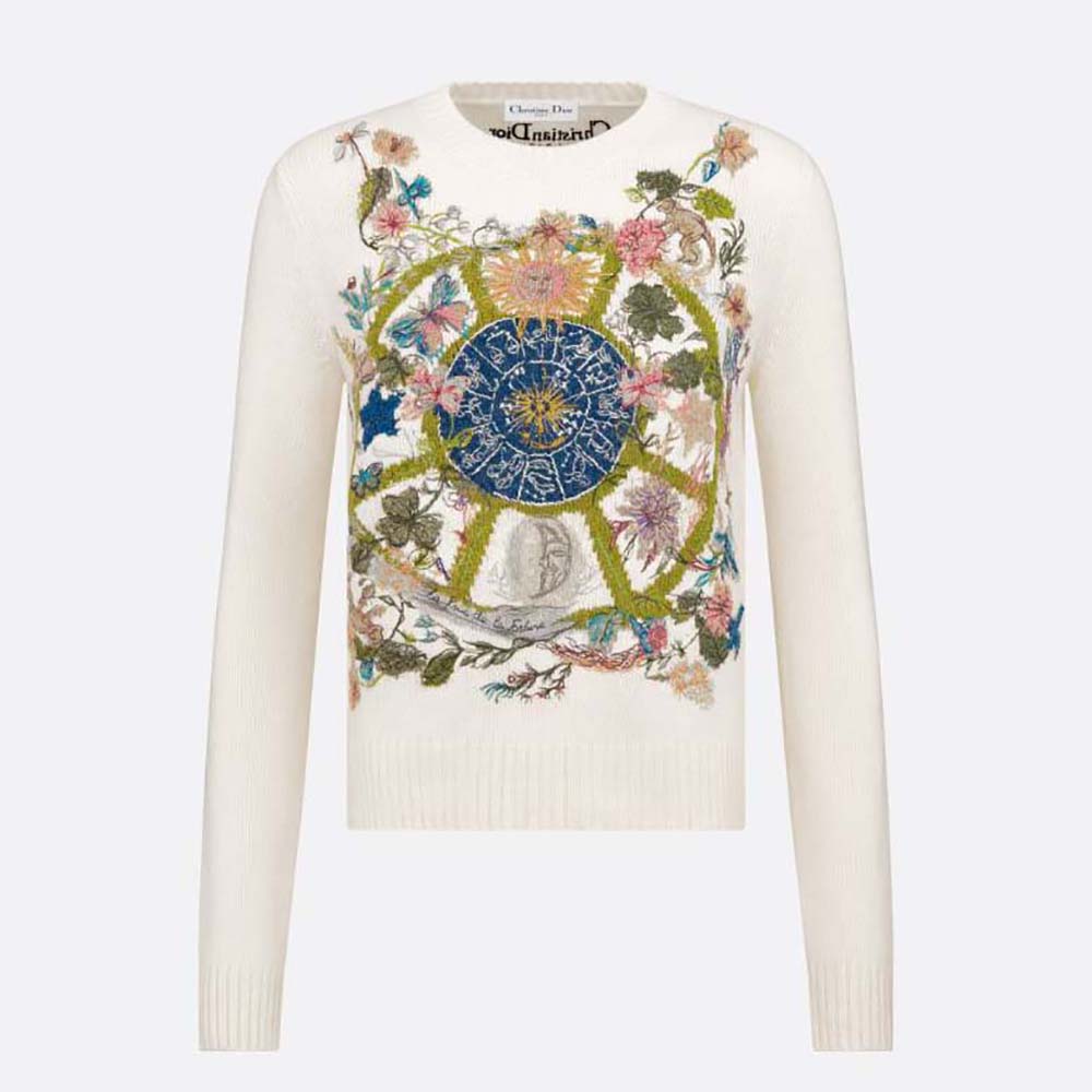 Front view of Dior Women Embroidered Sweater White Cashmere Knit